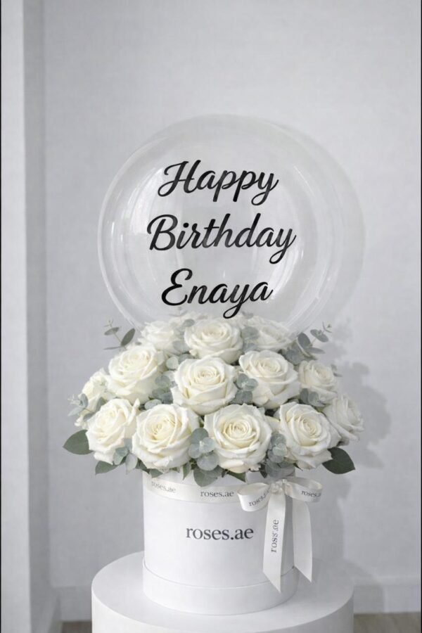 Bubble balloon box & white roses