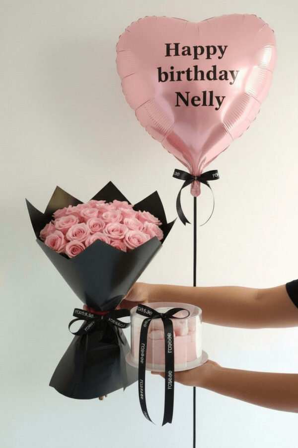 Pink Roses card, cake, balloon