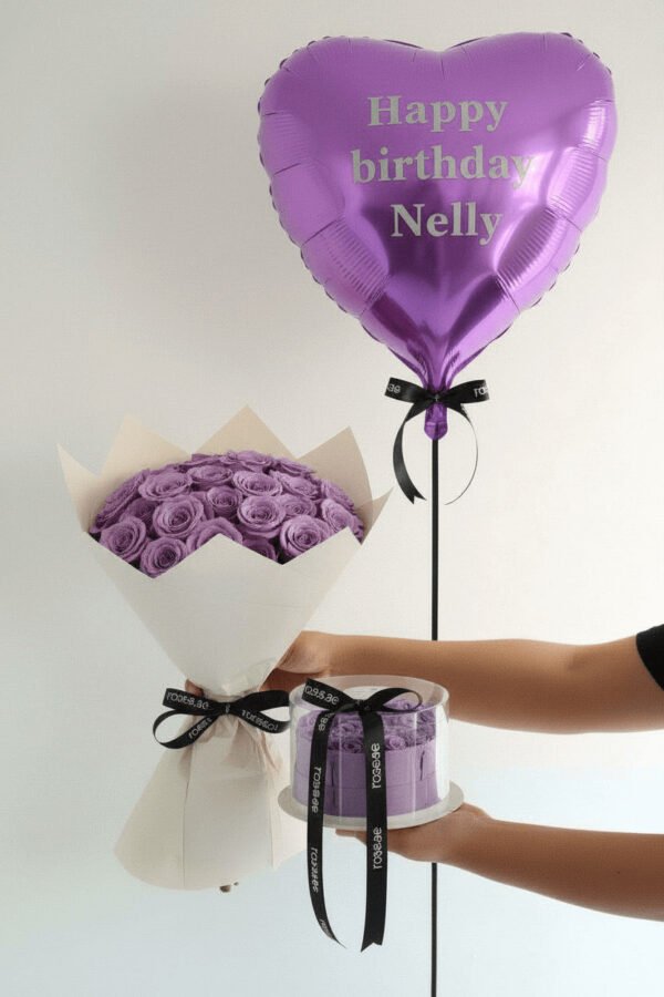 Purple Roses card, cake, balloon