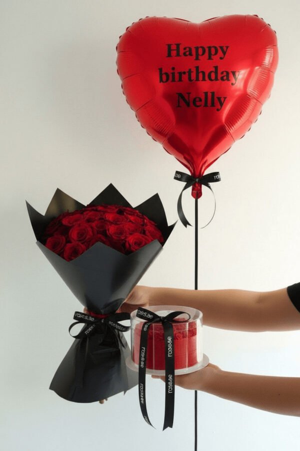Red Roses card, cake, balloon