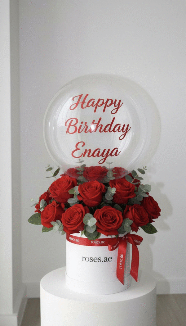 Bubble balloon box & red roses