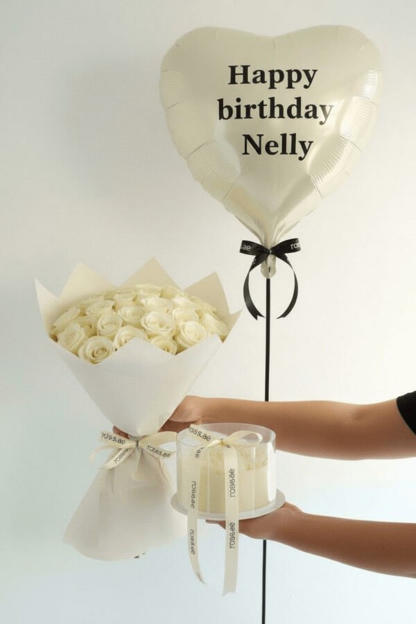 White Roses card, cake, balloon